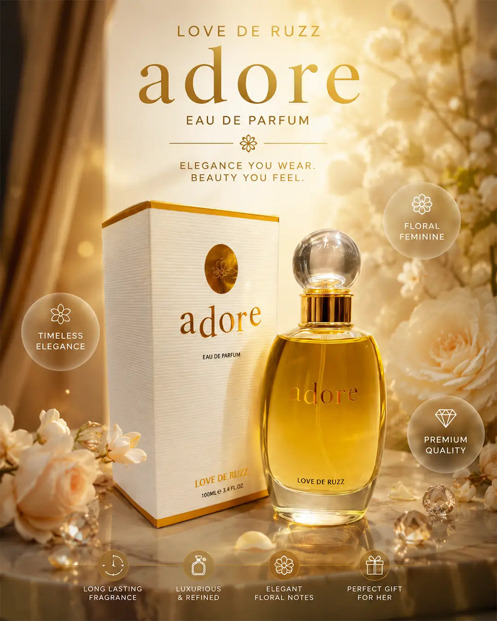 Luxury floral perfume bottle with warm golden lighting, elegant cream flowers, glossy reflections, feminine premium fragrance aesthetic and cinematic perfume photography.