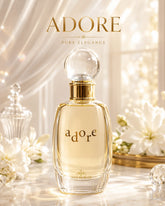 Luxury floral perfume bottle with warm golden lighting, elegant cream flowers, glossy reflections, feminine premium fragrance aesthetic and cinematic perfume photography._1