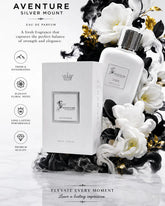 Luxury white perfume bottle with silver metallic details, black and white floral smoke atmosphere, glossy reflections, premium niche fragrance aesthetic and cinematic perfume photography for Pinterest inspiration.