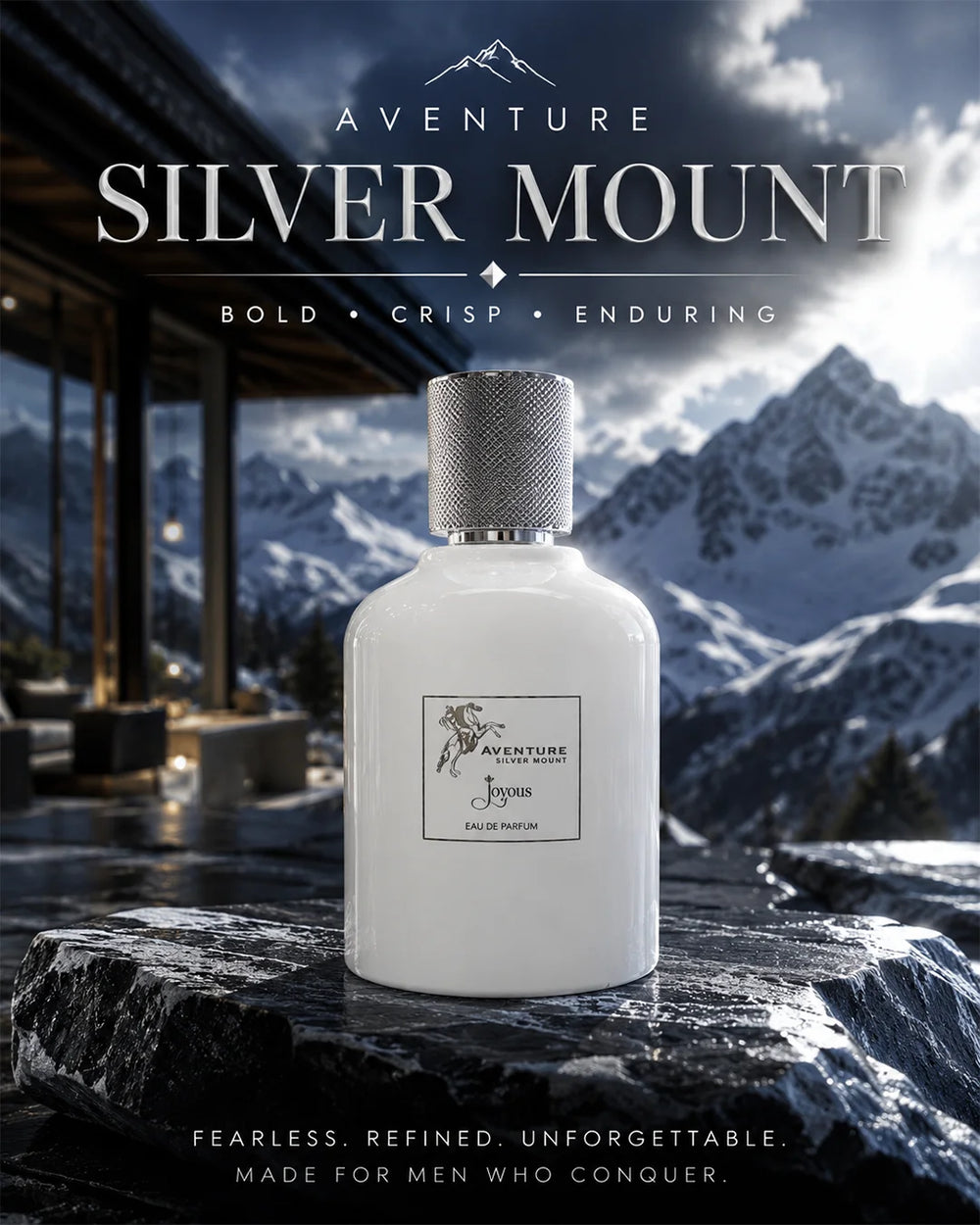 Luxury white perfume bottle with silver metallic details, black and white floral smoke atmosphere, glossy reflections, premium niche fragrance aesthetic and cinematic perfume photography for Pinterest inspiration._1