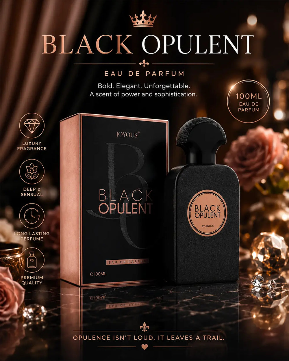 Luxury black perfume bottle with rose gold details, dark floral atmosphere, glossy reflections, cinematic warm lighting and premium niche fragrance photography for Pinterest inspiration.