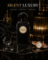 Luxury black perfume bottle with rose gold details, dark floral atmosphere, glossy reflections, cinematic warm lighting and premium niche fragrance photography for Pinterest inspiration._1