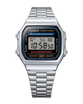 Casio A168WA-1 vintage digital stainless steel watch front view