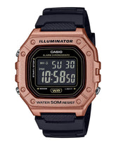 Casio W-218HM retro digital watch collection with black resin strap in rose gold and silver colors