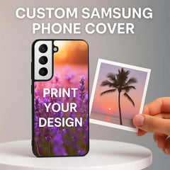 Custom Samsung phone cover with uploaded photo design shown on table