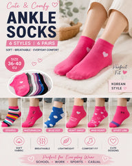 Cute women Korean ankle socks 6 pairs breathable cotton socks pink heart design