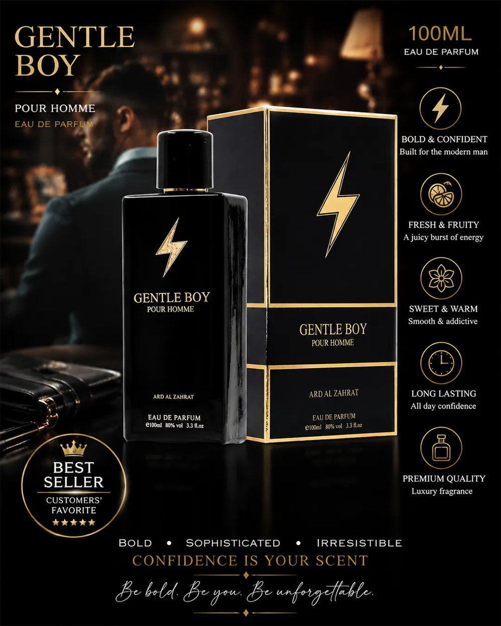 Luxury black men’s perfume bottle with gold accents, cinematic dark lighting, glossy reflections, premium masculine fragrance atmosphere and elegant high-end perfume photography for Shopify beauty branding.