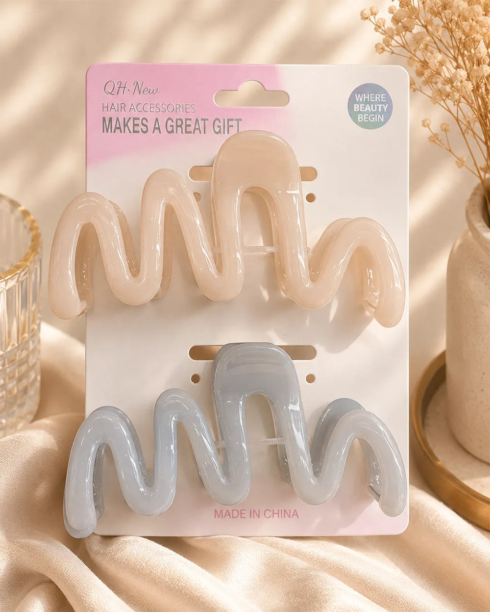 Glossy wave hair clip set with curved design 2pcs