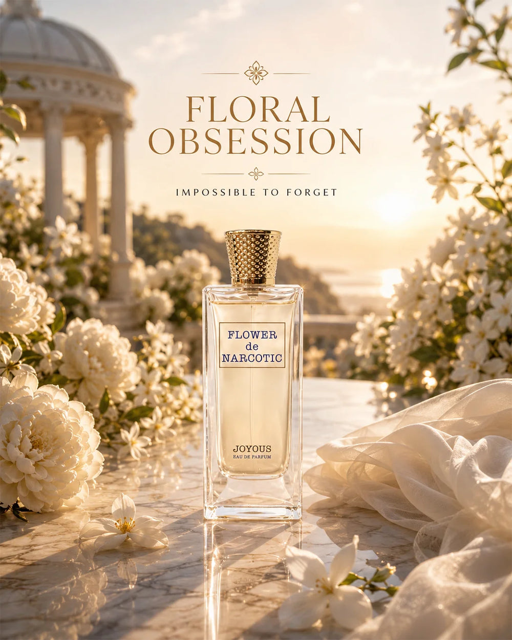 Joyous Flower De Narcotic luxury floral perfume 100ml with elegant gold and blue packaging