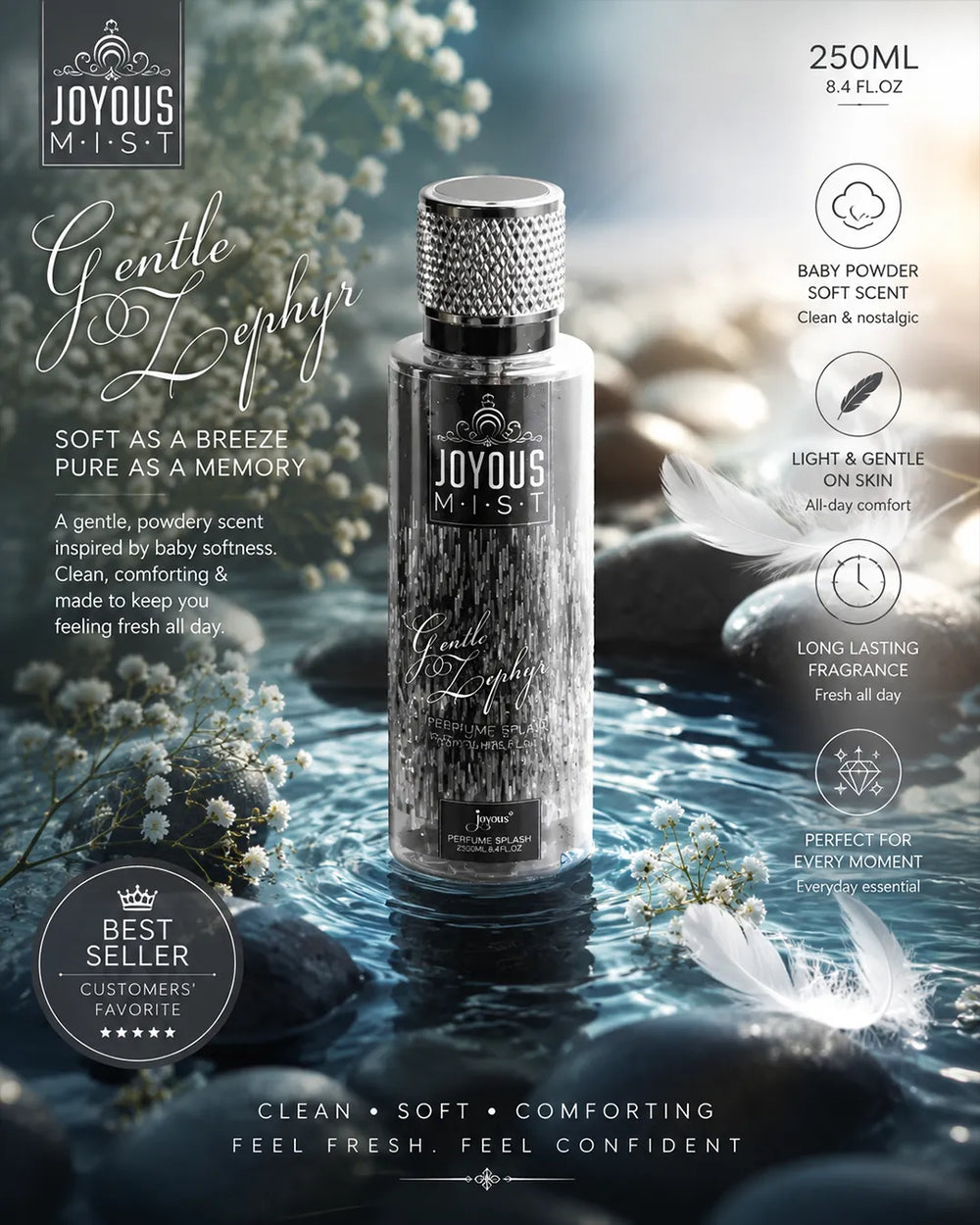Luxury silver body mist bottle with glossy water reflections, soft baby powder atmosphere, cinematic dark aqua lighting, premium fresh body splash aesthetic and high-end skincare inspired perfume photography for Shopify branding.