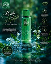 Luxury green body mist bottle with water reflections, fresh floral atmosphere, glossy cinematic lighting, refreshing nature-inspired aesthetic and premium perfume splash photography for Shopify and beauty branding.