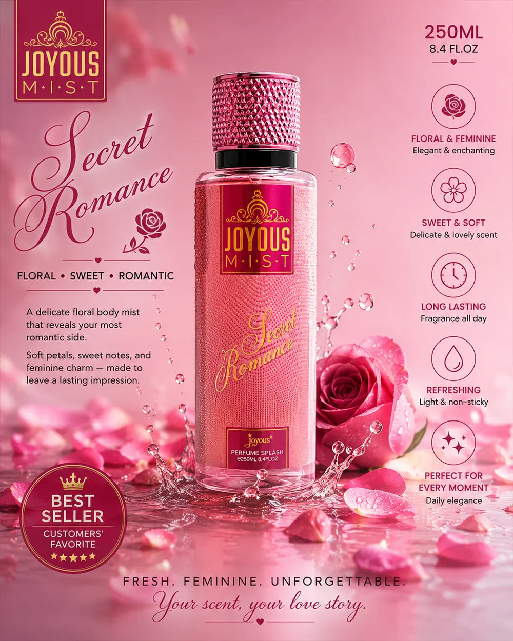 Luxury pink floral body mist bottle with glossy reflections, romantic rose petal atmosphere, soft feminine lighting, premium sweet fragrance aesthetic and elegant high-end perfume splash photography for Shopify beauty branding.