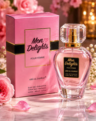 Luxury pink feminine perfume bottle with glossy reflections, romantic floral atmosphere, elegant soft lighting, premium beauty fragrance aesthetic and high-end perfume photography for Shopify branding.