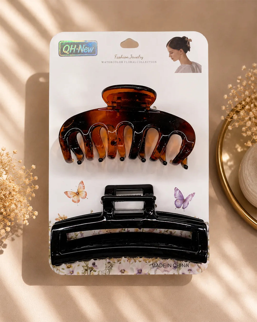 Tortoise and black glossy hair claw clip set for women