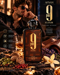 Afnan 9 PM Elixir with a warm spicy leathery evening fragrance character