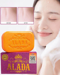 ALADA Instant Whitening Soap 160g with orange soap bar and purple box alongside soft skincare beauty visuals