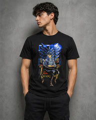 Model wearing Attack on Titan Levi Ackerman black graphic T-shirt, front view