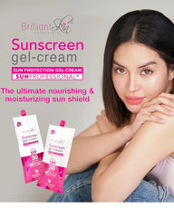 Model posing beside Brilliant Skin Sunscreen Gel-Cream SPF 30 product packaging in a promotional skincare image
