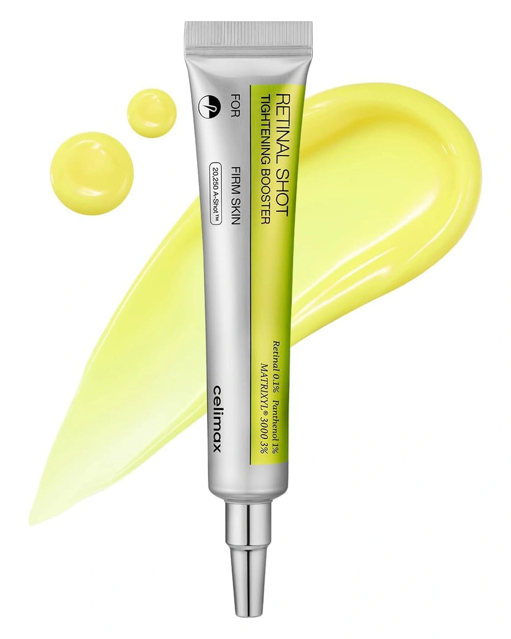 Celimax The Vita-A Retinal Shot Tightening Booster 15ml with 0.1% retinal and yellow serum texture for firmer-looking skin