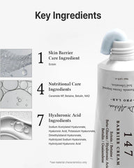 Dr. Althea 147 Barrier Cream key ingredients infographic highlighting barrier care ingredients, nutritional care ingredients and hyaluronic acid