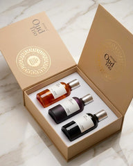 Joyous Oud Trio luxury oud perfume gift set with three elegant Eau De Parfum bottles