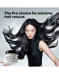 L'Oréal Professionnel Metal Detox Mask promotional visual featuring extreme hair rescue message and shiny flowing hair