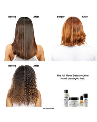 Before and after hair results image for L'Oréal Professionnel Metal Detox Shampoo showing smoother and healthier-looking hair transformation