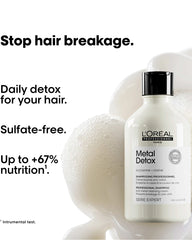 L'Oréal Professionnel Metal Detox Shampoo 300ml benefits graphic showing stop hair breakage, daily detox, sulfate-free formula and up to 67 percent nutrition