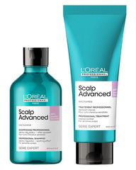 L'Oréal Professionnel Scalp Advanced Anti-Discomfort shampoo 300ml and soothing treatment 200ml, both products on a white background