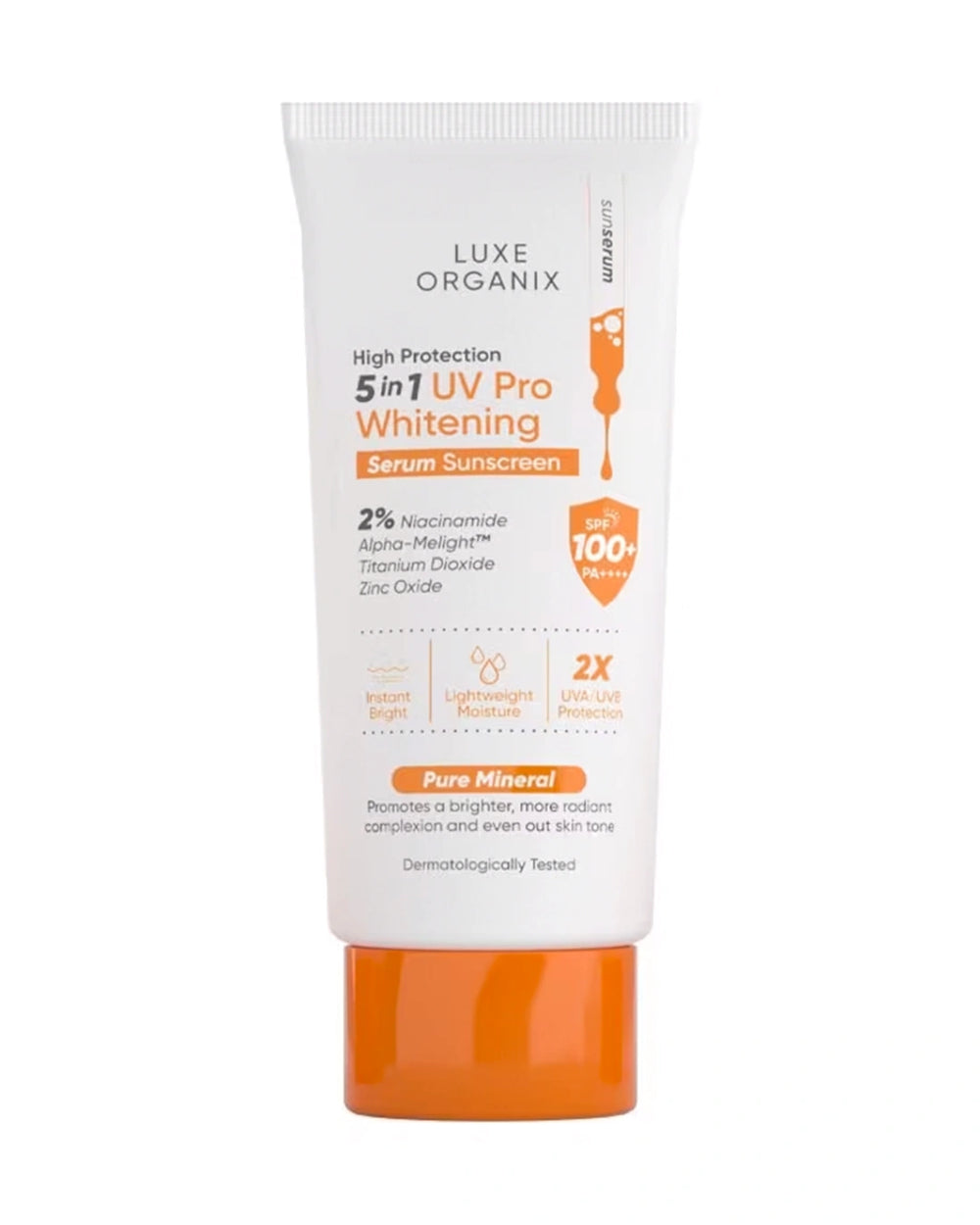 Luxe Organix 5 in 1 UV Pro Whitening Mineral Serum Sunscreen SPF100+ PA++++ 40g, front tube view on white background