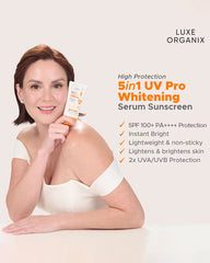 Luxe Organix 5 in 1 UV Pro Whitening Sunscreen SPF100+ 40g promotional image with model holding the product and highlighted skincare benefits