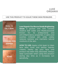 How to use Luxe Organix Cica Rescue Centella Serum 30ml for dull skin, excess oil and weakened skin barrier with gentle soothing and brightening care