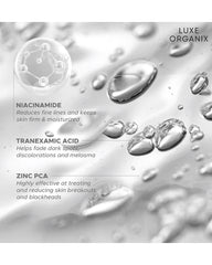 Luxe Organix Whitening Repair Serum key ingredients with niacinamide tranexamic acid and Zinc PCA