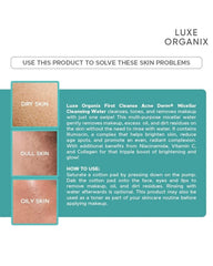 Luxe Organix First Cleanse Acne Derm+ Micellar Cleansing Water product benefits and usage information