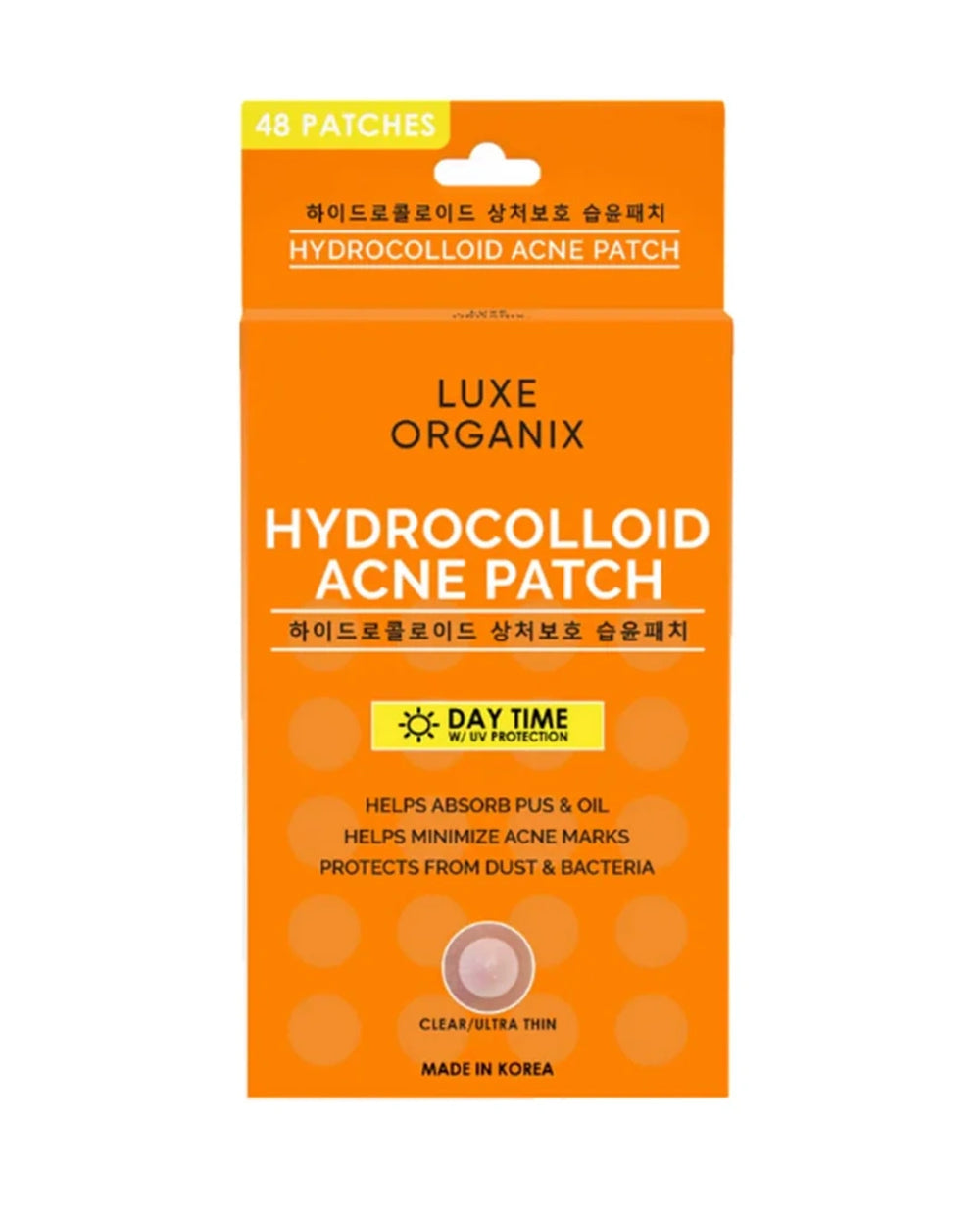 Luxe Organix Hydrocolloid Acne Patch Day Time 48 Patches in orange retail packaging on a white background