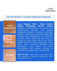 Luxe Organix Milk + Gluta Gentle Bright serum body lotion infographic showing hydration dull skin care and uneven skin tone benefits