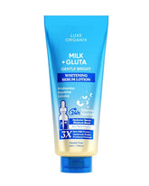 Luxe Organix Milk + Gluta Gentle Bright Whitening Serum Body Lotion 350ml front tube with glutathione and milk protein for brighter looking hydrated skin
