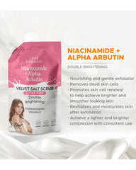 Luxe Organix Velvet Salt Scrub 300g with Niacinamide and Alpha Arbutin highlighting gentle exfoliation hydration and smoother looking skin