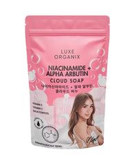 Luxe Organix Niacinamide + Alpha Arbutin Cloud Soap 180g pink front packaging with brightening skincare ingredients and foaming net