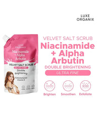 Luxe Organix Velvet Salt Scrub with Niacinamide and Alpha Arbutin showing brightening smoothing and exfoliating benefits