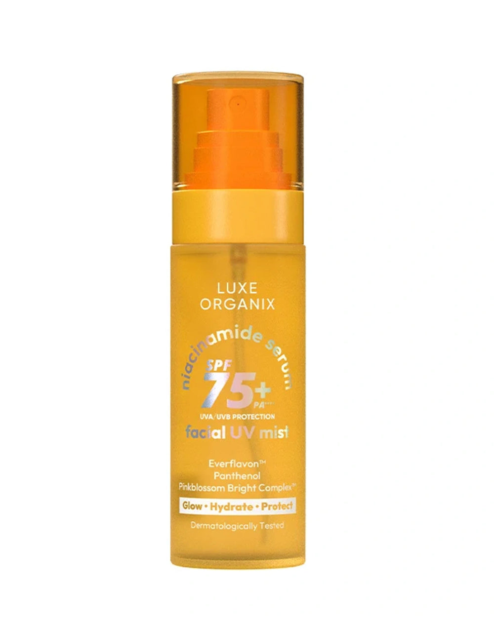 Luxe Organix Niacinamide Serum Facial UV Mist SPF75+ PA++++ 80ml sunscreen spray, front view of orange bottle on white background