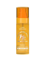 Luxe Organix Niacinamide Serum Facial UV Mist SPF75+ PA++++ 80ml sunscreen spray, front view of orange bottle on white background