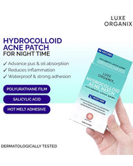 Luxe Organix Night Time Hydrocolloid Acne Patch infographic showing waterproof protection, polyurethane film, sodium carboxymethyl cellulose and hot melt adhesive