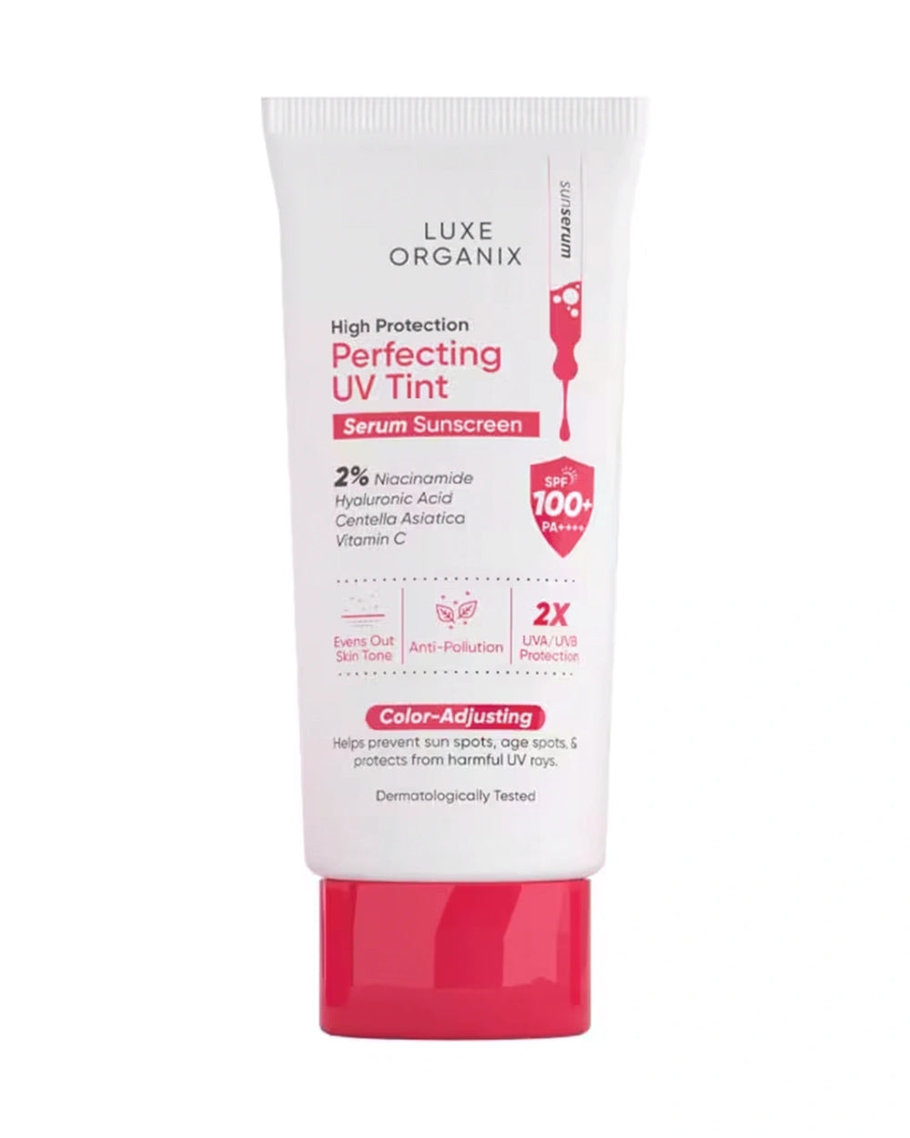 Front view of Luxe Organix Perfecting UV Tint Serum Sunscreen 40g with SPF100+ PA++++ and color-adjusting formula
