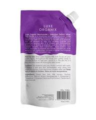 Back view of Luxe Organix Velvet Salt Body Scrub 300g showing ingredients, exfoliating benefits and body scrub application directions