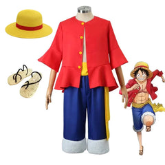 One Piece Monkey D. Luffy Cosplay Costume Set for Kids – Full Outfit with Hat & Slippers