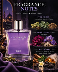 Rasasi Daarej fragrance notes with cardamom, mugwort, cumin, rose, sandalwood, amber, musk and vanilla