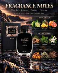 Rasasi Hawas Black fragrance notes with pineapple, grapefruit, bergamot, cedarwood, patchouli, jasmine, oakmoss and amber