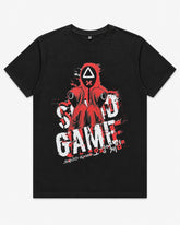 Squid Game Guards black graphic T-shirt with red masked guard front print, 100% cotton