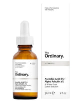 The Ordinary Ascorbic Acid 8% + Alpha Arbutin 2% Serum 30ml bottle and box for dark spots and uneven skin tone